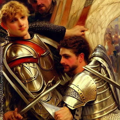 Image similar to attractive fully clothed arthur pendragon confesses his love for his attractive fully clothed male knight. highly detailed painting by gaston bussiere and j. c. leyendecker 8 k