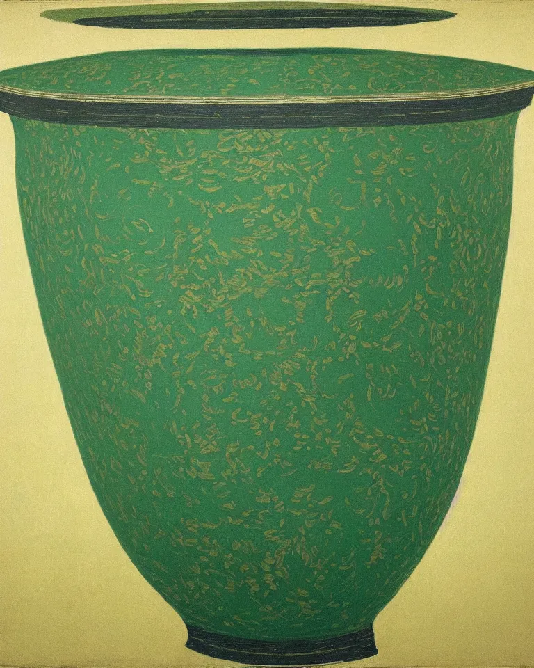 Image similar to achingly beautiful print of intricately painted ancient greek krater on a green pastel background by rene magritte, monet, and turner.