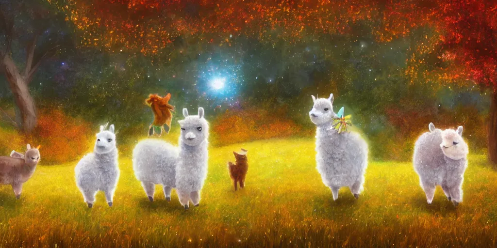 Image similar to magical fairy alpacas frolicking in a field, autumn, sparkles, light beams, digital art, oil painting, fantasy, 8 k, trending on artstation