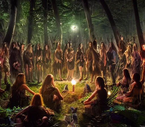 Prompt: a shamanic gathering of a tribe in a magical forest, spiritual connection with the forest, extreme detail, sharp focus, 8 k, intricate, hyper detailed, cinematic lighting