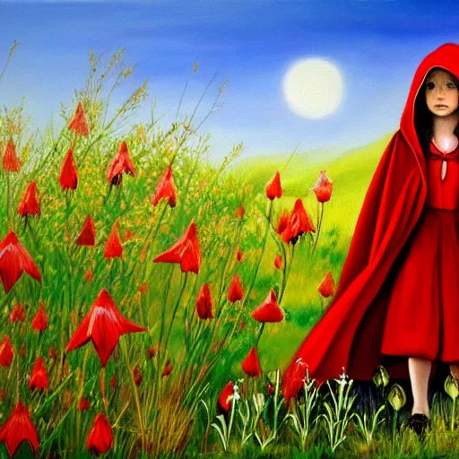 Prompt: painting of little red riding hood walking through a meadow of datura flowers, realistic