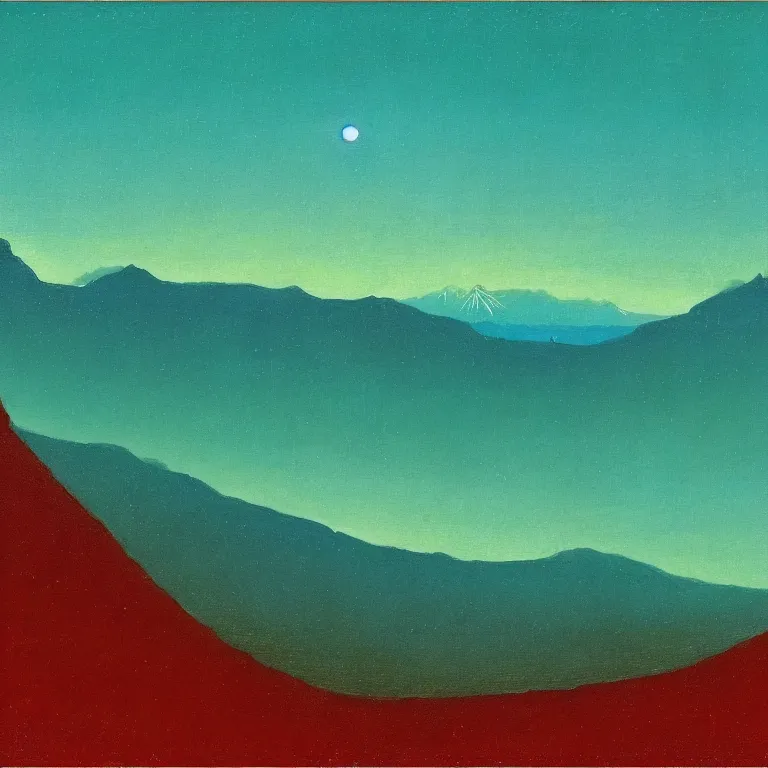 Prompt: caucaus mountains at night, arkhip kuindzhi painting, teal palette, dead sea scrolls