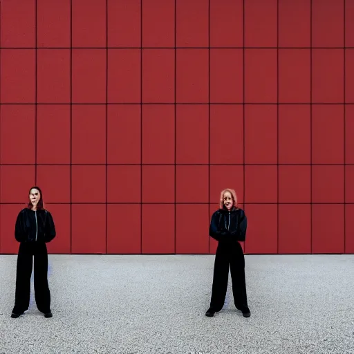 Image similar to photographic portrait of 2 clones in front of a brutalist metal building, 2 techwear women, on a desolate plain, red sky, sigma 8 5 mm f / 1. 4, 4 k, depth of field, high resolution, 4 k, 8 k, hd, full color