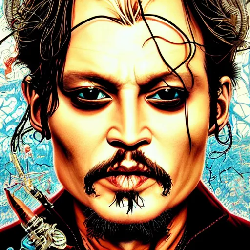 Prompt: portrait of crazyjohnny depp, symmetrical, by yoichi hatakenaka, masamune shirow, josan gonzales and dan mumford, ayami kojima, takato yamamoto, barclay shaw, karol bak, yukito kishiro