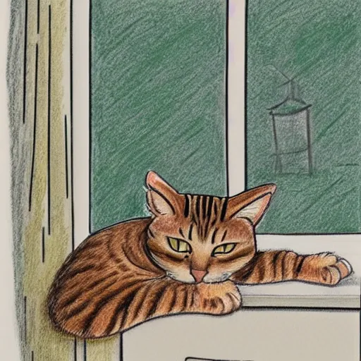 Image similar to a tabby cat named clarence laying on a table looking out the window, it is a sunny day, in the style of a hand drawn pencil sketch