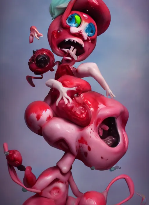 Image similar to a dramatic hyperrealistic pop surrealist oil panting of an enraged grotesque kawaii vocaloid figurine caricature screaming red in the face lunging with popping veins featured on doom eternal by aardman animation made of warp spasm