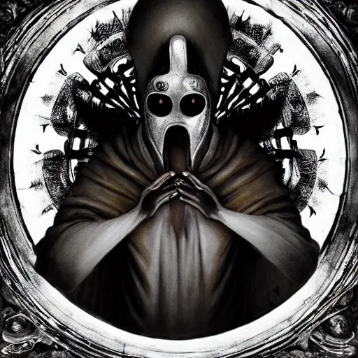 Image similar to 4K headshot portrait of godlike Plague Doctor of Nazareth with defined arms and open hands and bloody clothes with giant mandala wings , intricate face , flawless anime cel animation by Kentaro Miura, psychedelic , highly detailed upper body , professionally post-processed , beautiful, scary, symmetry accurate features, epic, octane rendered, anime masterpiece, accurate by Craig Mullins, ilya kuvshinov, krenz cushart, epic , artgerm trending on artstation by Edward Hopper and Dan Mumford and WLOP and Rutkovsky, beksinski carl spitzweg moebius and tuomas kocar, intricate artwork by caravaggio, Unreal Engine 5, Lumen, Nanite