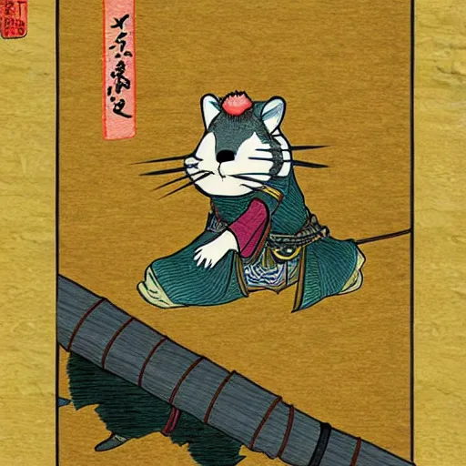 Image similar to japanese hamster samurai. with long sword. anime art. painting. rain of meteors on background