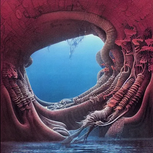 Prompt: underwater landscape, fluid, smooth, organic, crazy, bright colours, high contrast, sharpness, beautiful, peaceful, very detailed, intricate, by giger and corben and moebius and beksinski and bosch and bacon