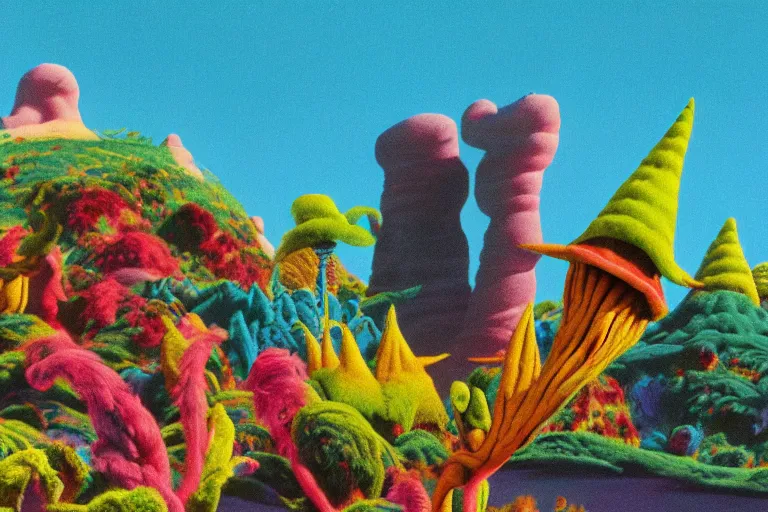 Prompt: vhs footage of a colorful alien world, with absurd looking mountains and terrain, green grass, and colorful fuzzy creatures roaming around and flying in it, and lots of weird alien plants, bright blue sky, wide angle view, dr seuss inspired