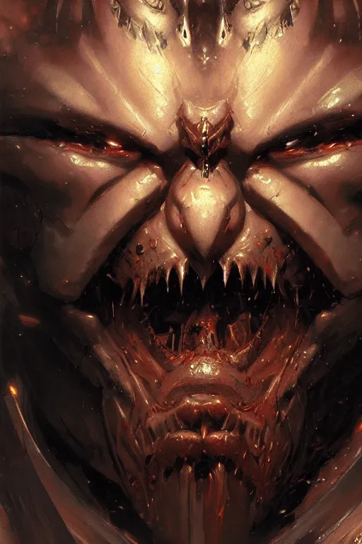 Image similar to chaos space marine extreme close up face portrait dnd, painting by gaston bussiere, craig mullins, greg rutkowski, yoji shinkawa