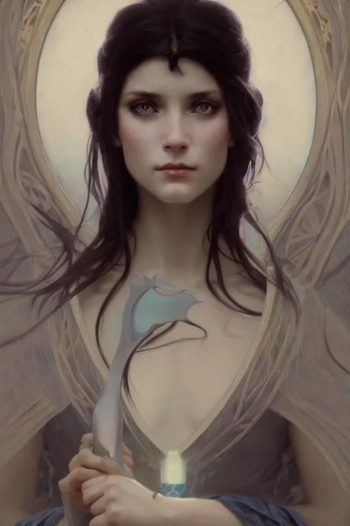 Prompt: portrait of a beautiful dark mystical woman, ice blue eyes, artstation, concept art, smooth, sharp focus, illustration, art by artgerm and greg rutkowski and alphonse mucha and william - adolphe bouguereau