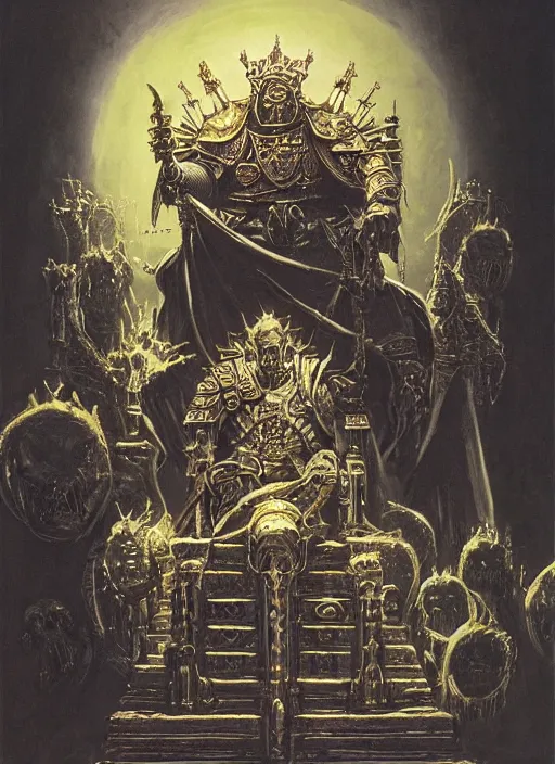 Prompt: omnious academic drawing of wh40k undead but still regal and kingly Emperor of Mankind sits on his enormous golden throne by James Gurney, Zdislaw Beksinski, Alex Gray, Greg Rutkowski, Robert McCall