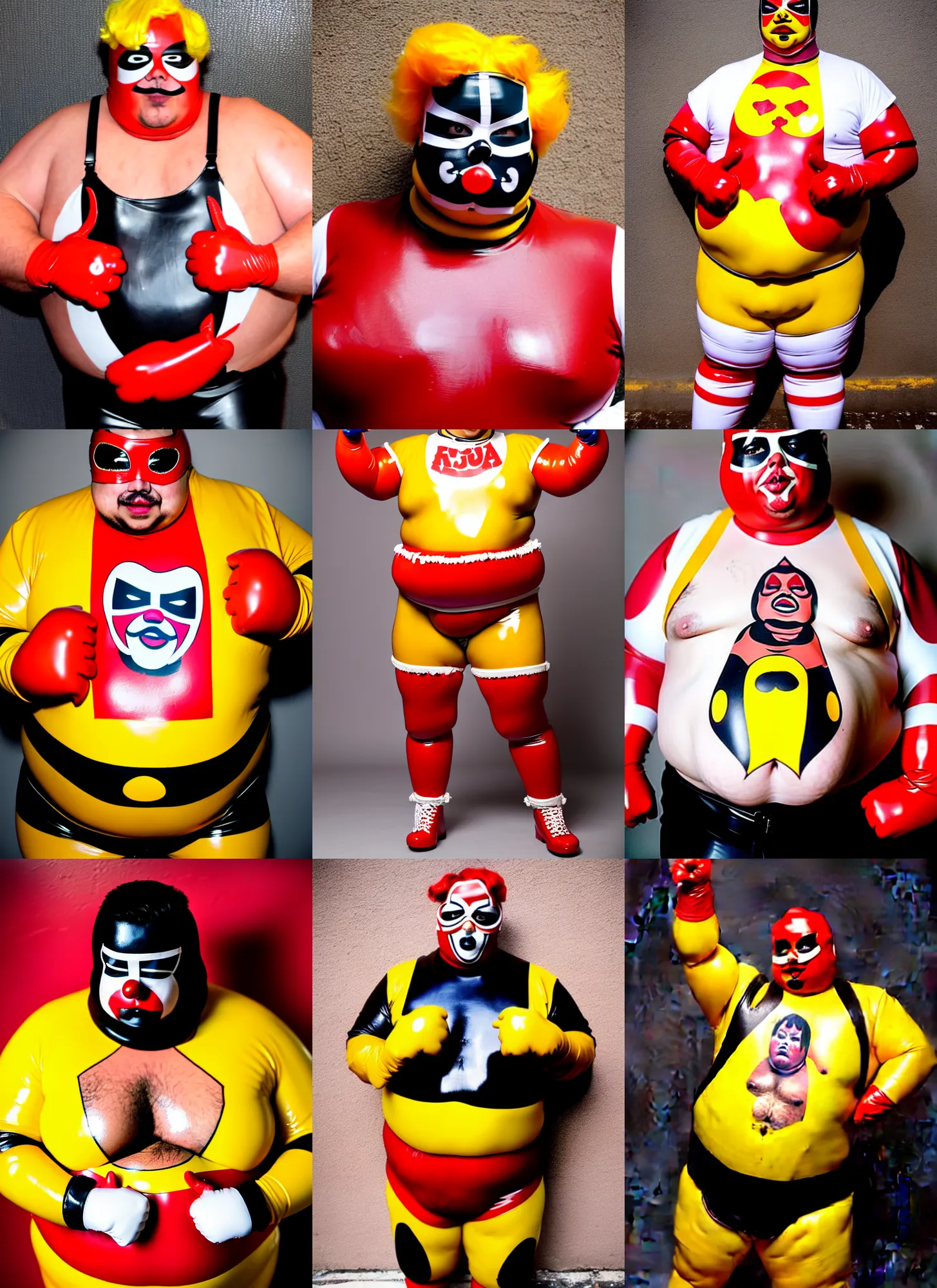 Prompt: portrait of a very chubby looking Lucha libre dressed in rubber latex costume with a hamburger motif tattoo on the bare hairy chest, red and white color latex sleeves, yellow latex gloves, red Ronald McDonald hair