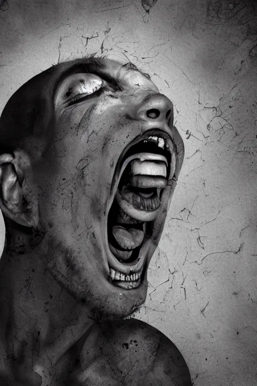 Prompt: his endless screaming makes his own mind eat him up, abstract, surrealism, black and white, artstation, deviantart, pinterest, 8 k