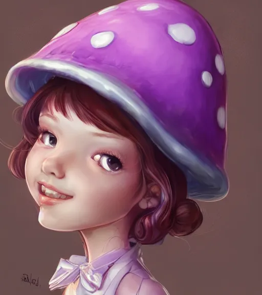 Image similar to a beautiful little girl wearing a mushroom hat sitting | | cute - fine - subtle smile, curved purple hair, face, pretty face, fine details by stanley artgerm lau, wlop, rossdraws, james jean, andrei riabovitchev, marc simonetti, and sakimichan, trending on artstation