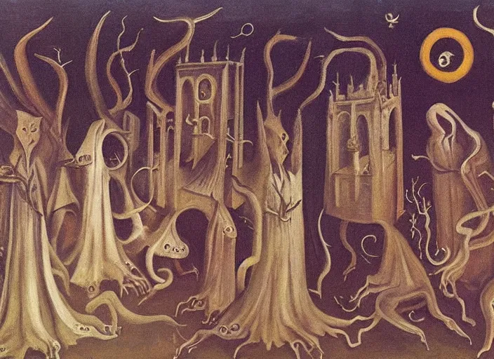 Prompt: a procession of eldritch cultist towards a lovecraftian temple by leonora carrington