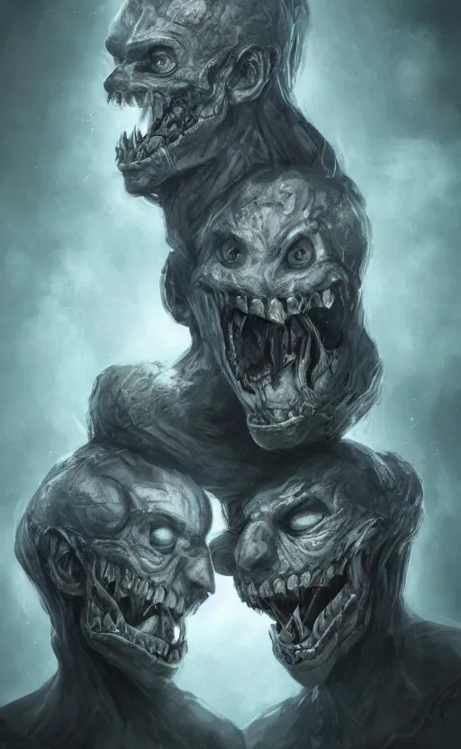 Image similar to full body portrait of of a two headed monster smiley creepily, dynamic lighting, photorealistic, fantasy concept art, ambient lighting, atmospherical, stunning visuals, creative, cinematic, ultra detailed, trending on art station