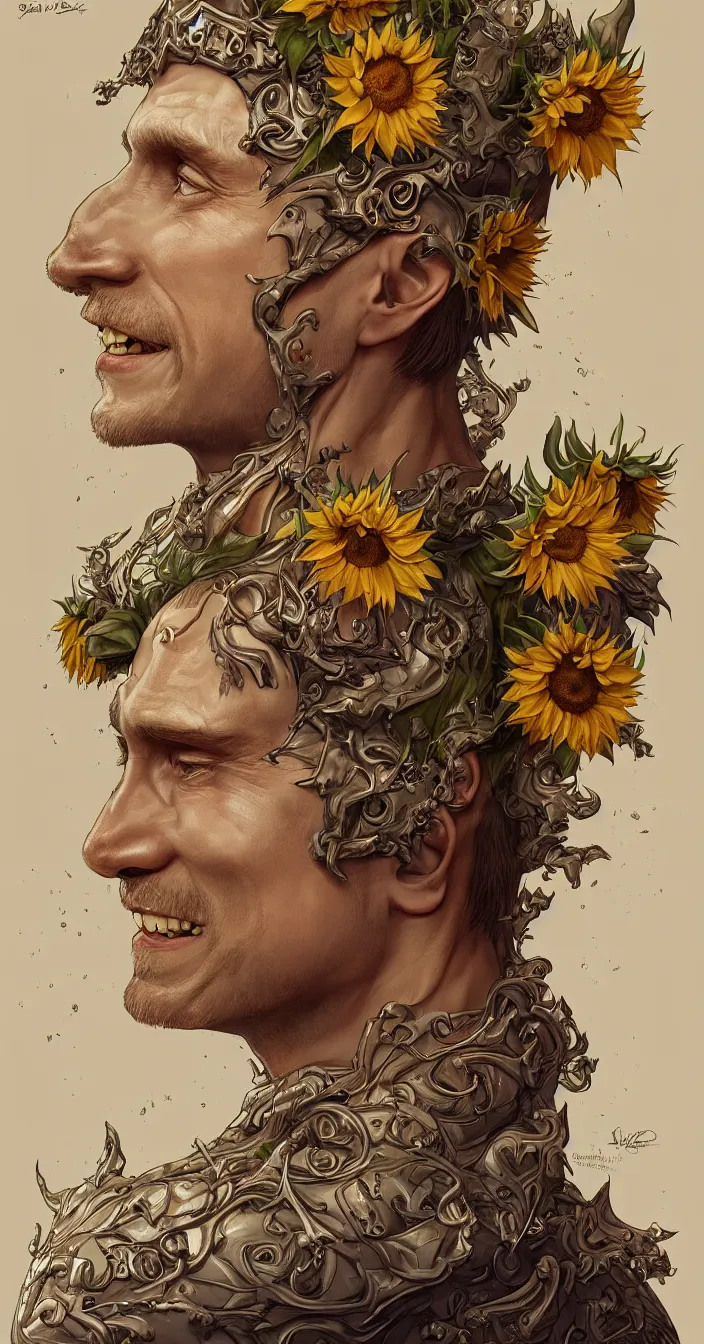 Image similar to digital art, centered full body of young any old Putin smiling king, Sunflower crown, ,intricate, veins, by James Jean and by artgerm , by ross tran ultradetailed, charachter design, concept art, trending on artstation,