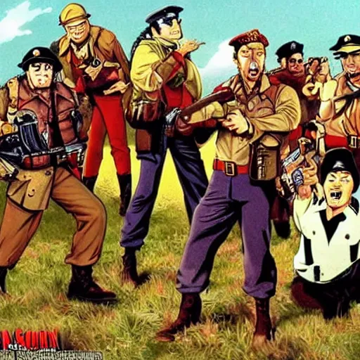 Image similar to scene from hogan's heroes in the style of lupin the third