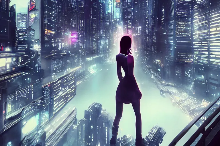 Image similar to a beautiful picture of a girl standing on top of a bridge over a city, cyberpunk art by vincent lefevre,