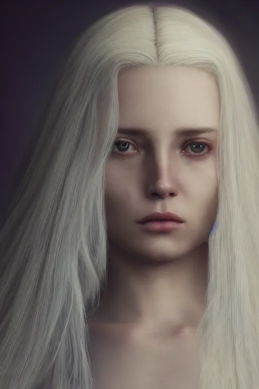 Image similar to a fancy portrait of a beautiful young strong women with long white hair by greg rutkowski, sung choi, mitchell mohrhauser, maciej kuciara, johnson ting, maxim verehin, peter konig, bloodborne, 8 k photorealistic, cinematic lighting, hd, high details, dramatic, dark atmosphere, trending on artstation