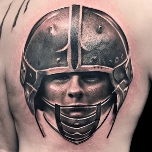 Prompt: close up of a gladiator's helmet, tattoo, tattoo art, Black and grey tattoo style