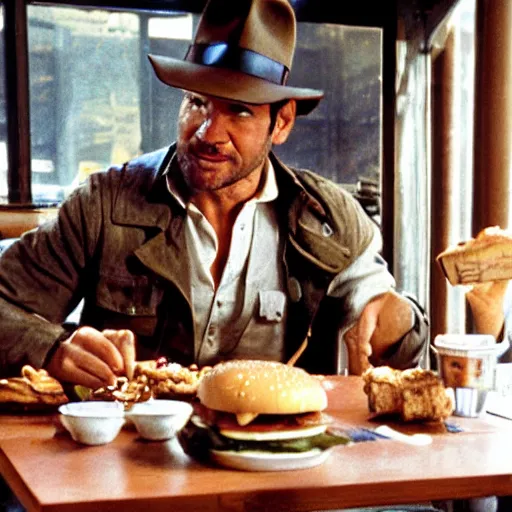 Prompt: Indiana Jones sitting at a diner table eating a burger. Outside the window is a giant statue of Han Solo