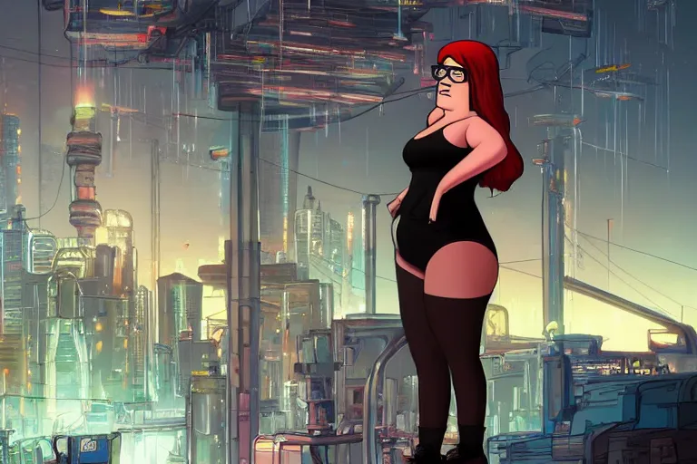 Image similar to Beautiful peter griffin in cyberpunk industrial powerplant looking at homeless Sasha grey featured on artstation, cinematic chiaroscuro, artwork by Wong, Liam