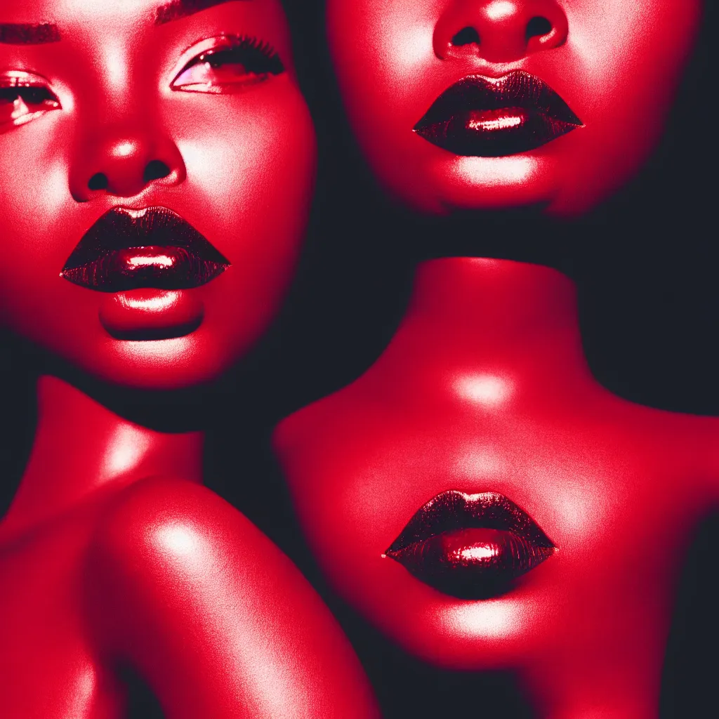 Prompt: medium shot, photograph of alluring dark skin female robot looking into camera, red lipstick, sharp focus,, chromatic abberations, as fashion editorial 9 0 s