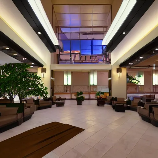 Image similar to wide angle view of an elegant metro hotel lobby, modern anime style, official anime still