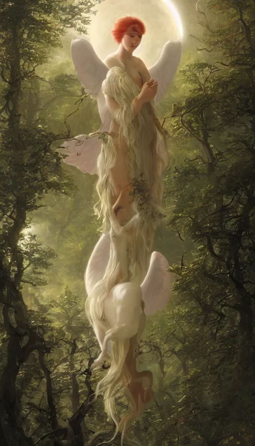 Image similar to A mythical alicorn viewing at a solar eclipse from a primordial forest. Highly detailed, digital painting, artstation, concept art, sharp focus, illustration, art by Jan Brueghel the Elder, greg rutkowski and alphonse mucha.