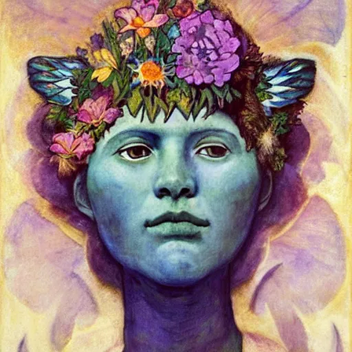 Image similar to the flower crown, by Annie Swynnerton and Nicholas Roerich and Diego Rivera, bioluminescent skin, tattoos, wings made out of flowers, elaborate costume, geometric ornament, symbolist, cool colors like blue and green and violet, smooth, sharp focus, extremely detailed