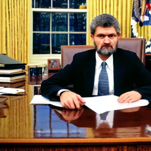Prompt: a photograph of President ted kaczynski wearing a suit in the oval office