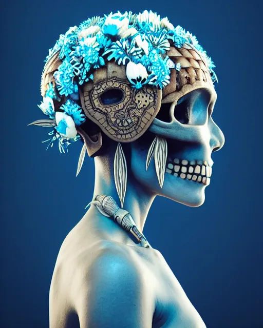 Prompt: hyperrealistic award winning photo of a tribal cyberpunk woman wearing ivory carved skull as helmet with blue and white flowers growing out of the skull by beeple