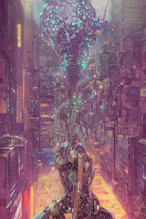 Prompt: the most amazing dream you ever had about beautiful woman transhumanism artificial intelligence singularity, hyper realistic, concept art, intricate, hyper detailed, smooth, jim lee, high contrast, neon, volumetric lighting, octane, raytrace, geof darrow, moebius, snowcrash