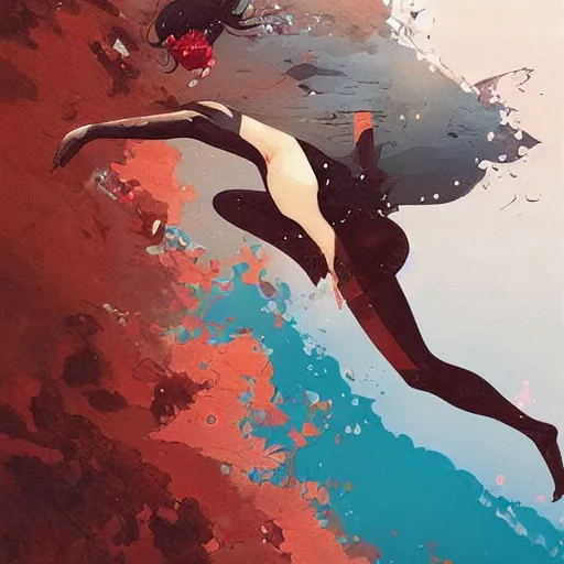 Image similar to a ultradetailed beautiful panting of a woman diving away from the viewer, by conrad roset, greg rutkowski and makoto shinkai, trending on artstation