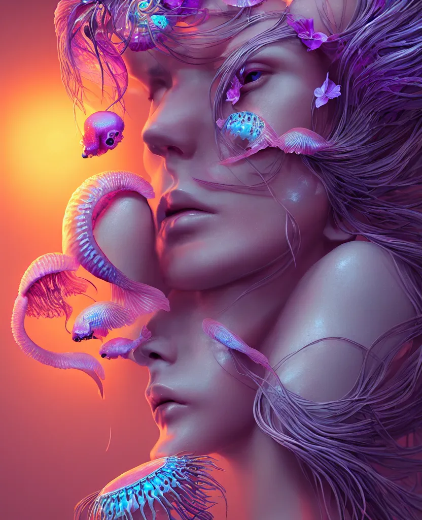 Image similar to goddess close-up portrait. jellyfish phoenix head, nautilus, orchid, skull, betta fish, bioluminiscent creatures, intricate artwork by Tooth Wu and wlop and beeple. octane render, trending on artstation, greg rutkowski very coherent symmetrical artwork. cinematic, hyper realism, high detail, octane render, 8k