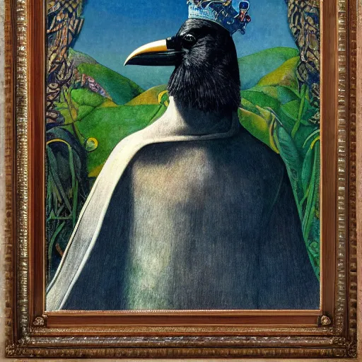 Image similar to portrait of a crow wearing a crown, by Diego Rivera and Annie Swynnerton and Maxfield Parrish, symbolist, dramatic lighting, embroidered brocade robes, god rays, rich colors,smooth, sharp focus, extremely detailed