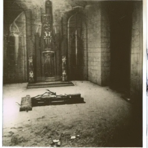 Image similar to occult sacrifice, dark figures gathered around alter in abandoned building, 1970s era Polaroid photo