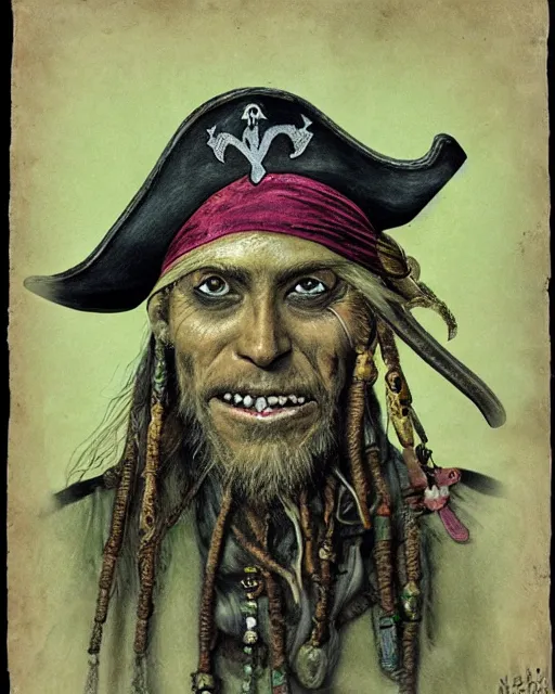 Prompt: an intimate portrait of a gnarly pirate, old skin, faded hat, crooked teeth, green eyes, a look of menace, detailed matte fantasy painting