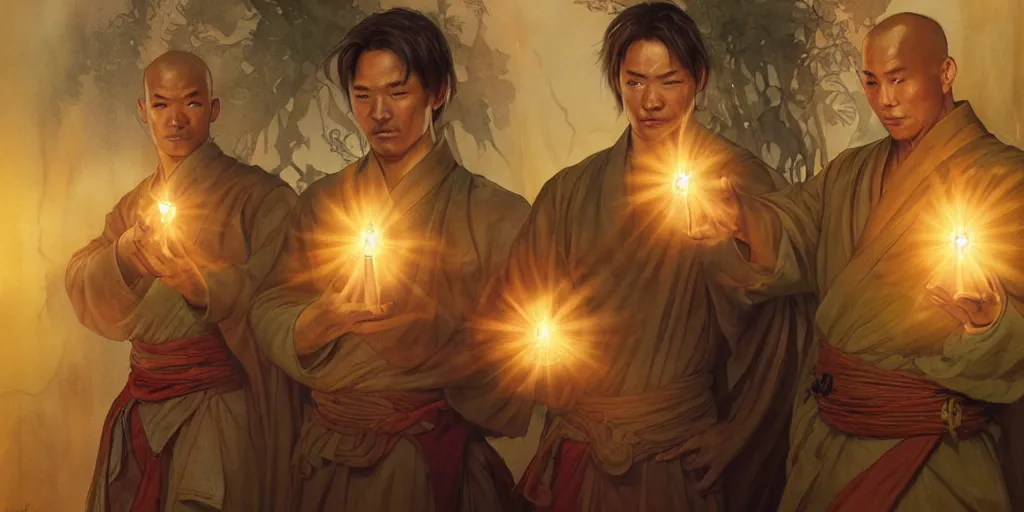 Image similar to shaolin monks holding an orbs of light. fantasy, digital painting, golden hour, 8 k, highly detailed. realistic award, disney concept art, watercolor splash, illustration by mandy jurgens, alphonse mucha hidari and wlop and greg rutkowski