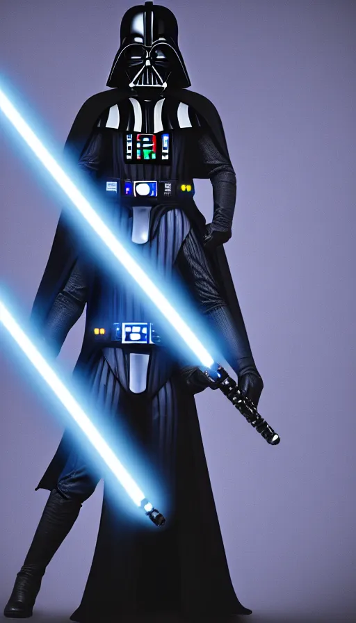 Image similar to A blue colored Darth Vader suit holding a blue lightsaber, 4k, dark background, 3d, full body image,