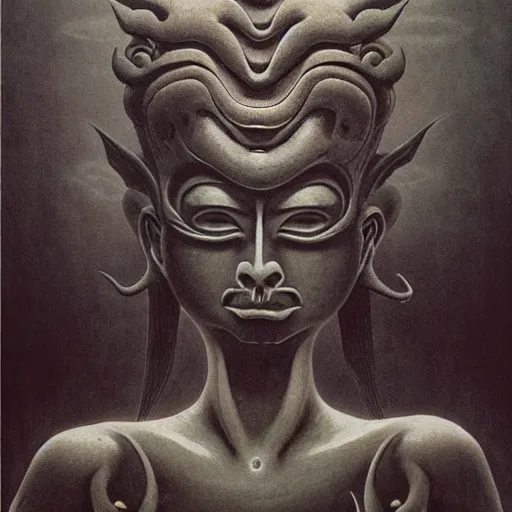 Image similar to naraka buddhist demon korean female, surrounded by black energy, dystopian surrealism, beksinski, symmetrical long head, smooth marble stone surfaces, deep aesthetic