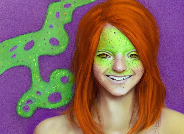Prompt: portrait of a beautiful smiling girl with orange hair and freckles, green eyes, highly detailed, digital painting, concept art, smooth, sharp, focus, background is purple, trending on deviantart