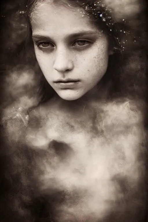 Image similar to wetplate photography inside a soul of a gorgeous young girl , searching for eternity, smoke out of her eyes, dark glowing forest in the style of stefan kostic, realistic, sharp focus, 8k high definition, high fashion, vogue, insanely detailed, soft light, colorful smoke, intricate, elegant, art by stanley lau and artgerm, sigma 85mm art