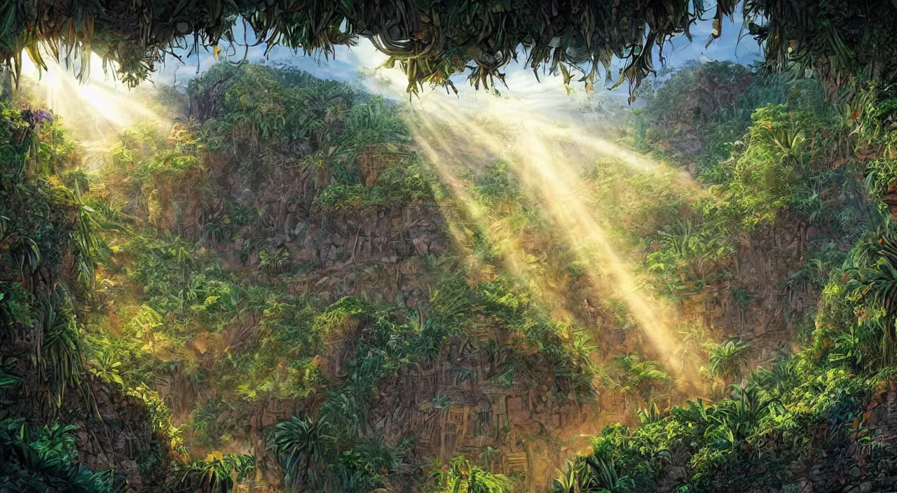 Image similar to zouk fabric jungle dirt wall fortress a spectacular view cinematic rays of sunlight comic book illustration, by john kirby