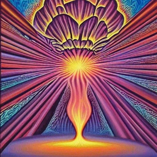 Prompt: 8 0 s new age album cover depicting a mushroom cloud in the shape of guy fieri, very peaceful mood, oil on canvas by alex grey