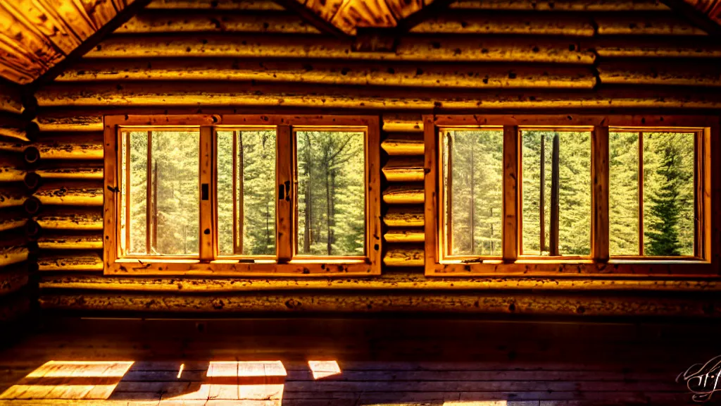 Image similar to inside an old log cabin, the summer midday light comes in through a window and dimly illuminates the room, softened diffuse light, photorealism, photo taken with canon EOS 5D and 35 mm lens