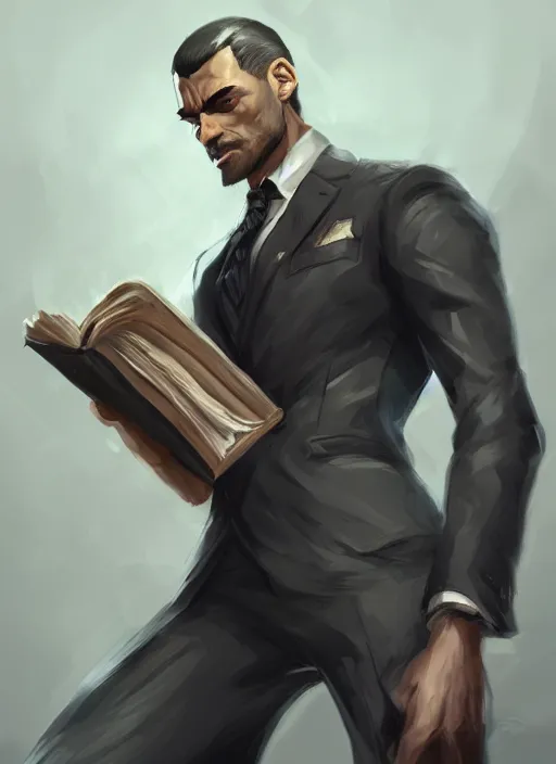 Prompt: a highly detailed illustration of fierce short black haired man wearing suit, dramatic reading book pose, muscular, intricate, elegant, highly detailed, centered, digital painting, artstation, concept art, smooth, sharp focus, league of legends concept art, WLOP